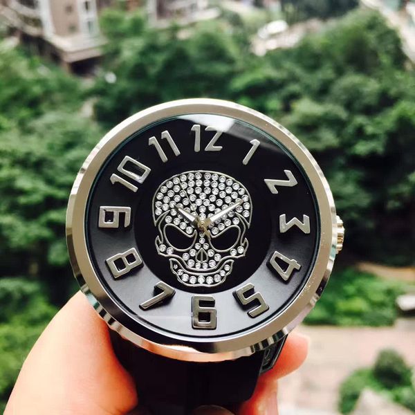 

big size rubber band sports watches men quartz fashion skull wristwatch stylish clock with stainless steel and plexiglass case nice gift, Slivery;brown