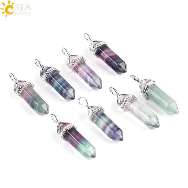 

csja fluorite necklace pendant natural gemstone bullet hexagonal point pendulum column reiki healing chakra jewelry for men women e546 a, Silver