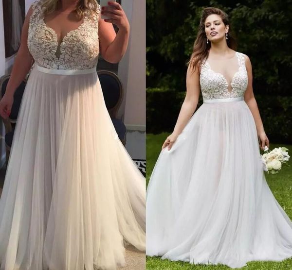 

beach plus size a line wedding dresses bridal gowns 2018 sheer jewel neckline lace appliques tulle vestidos de novia, White