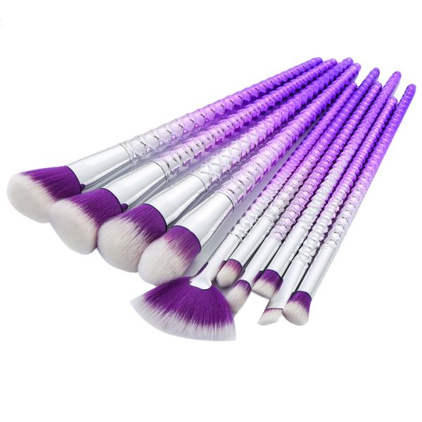 

purple silver makeup brushes pro eyeshadow eyeliner brushes fan-shaped foundation brushes 10pcs with the knitting pattern