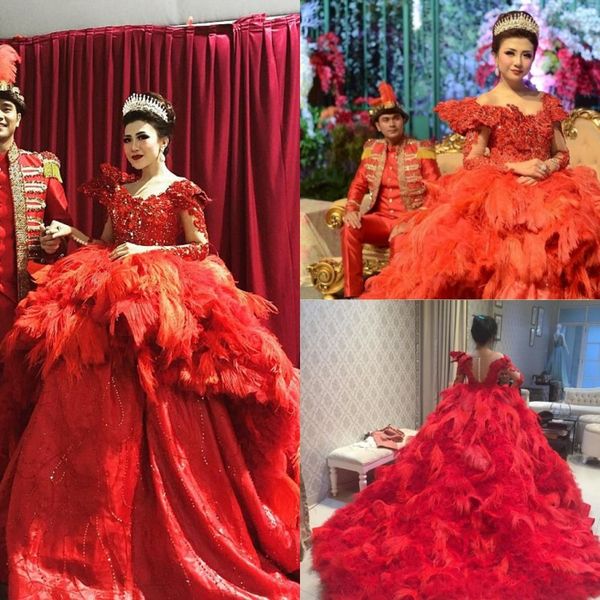 

major beading ball gown vintage wedding dresses with sleeves feather lace bridal gowns red wedding dress long train, White