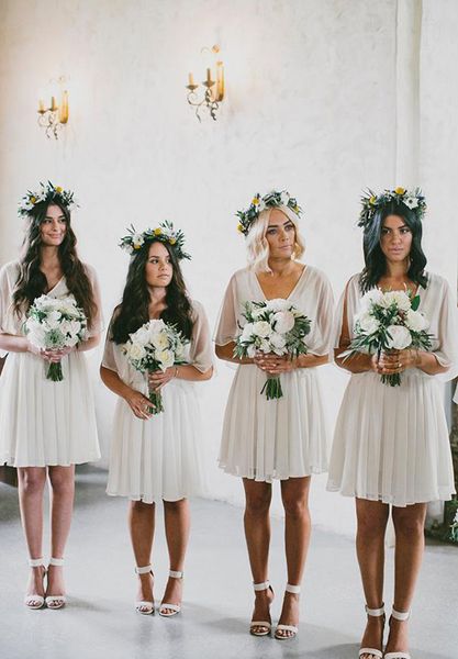 

summer beach short bridesmaid dresses 2019 chiffon a line v neck bat sleeves boho wedding party dress maid of honor gowns, White;pink