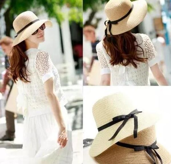 

vintage women wide brim hats girls teen lady travel beach holiday straw bowknot sun hat caps fashion accessories 10 pcs, Blue;gray