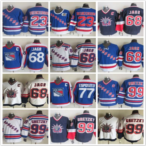 

vintage new york rangers 23 drury dark 68 jaromir jagr 77 espositd 99 wayne gretzky white blue ice hockey jerseys, Black;red
