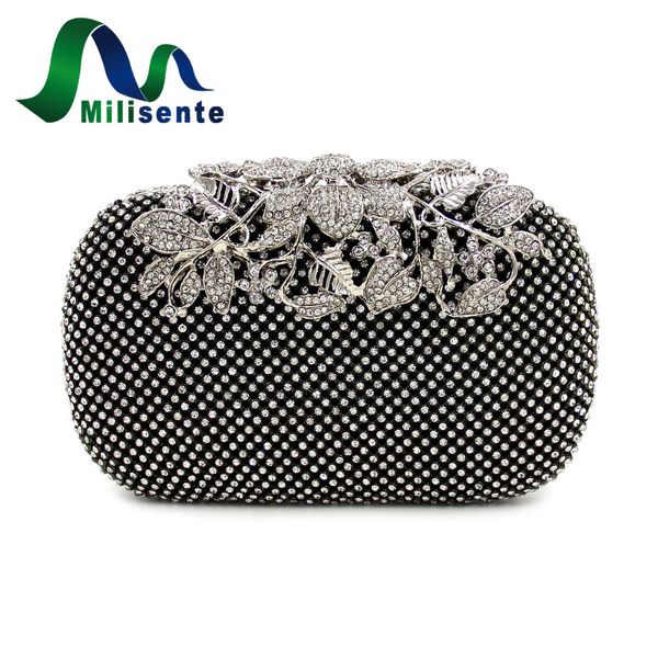 Borse da sera All'ingrosso-Milisente Borsa da donna con strass Fiore Diamante Lady Pochette da festa di nozze Borsa Argento Oro Nero Piccola