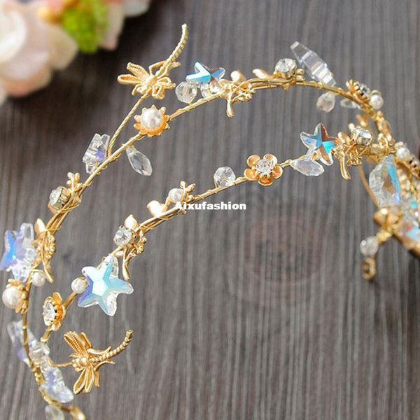 

star wedding crowns flower crystal hair jewelry 2017 dragonfly sparkly rhinestones tiaras crowns bridal hair accessories headband headpieces, Slivery;golden