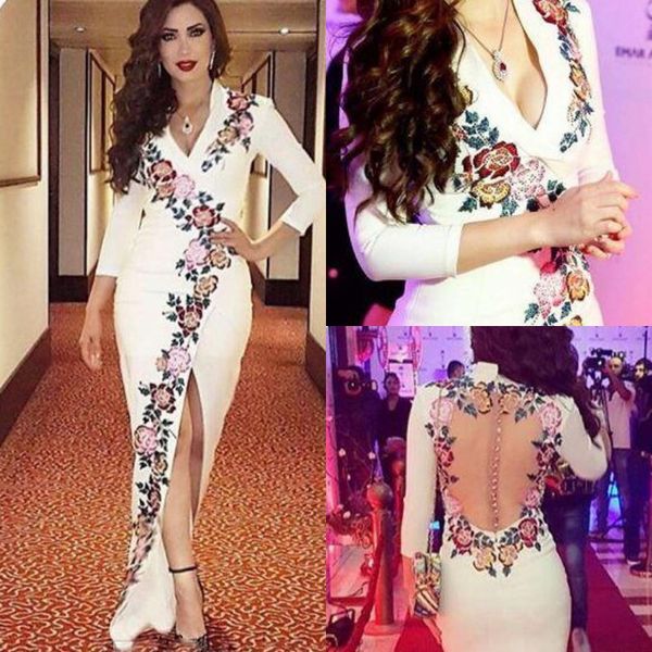 Myriam Fares Branco Manga Comprida Vestidos de Noite Flor Bordado Sexy v Neck Vestido de Baile Sheer Voltar Frente Dividir Formal Vestidos de Festa