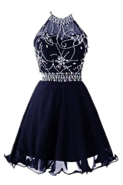 

sparkly backless halter short homecoming gowns 2019 chiffon a line real picture dark navy blue graduation cocktail dresses crystal beadings, Blue;pink