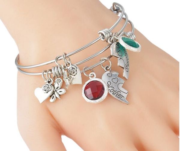 

2pcs/set 316 stainless mother daughter split peach heart bracelet birthstone pendant finished adjustable bracelet bangle dia 6.5cm, Golden;silver