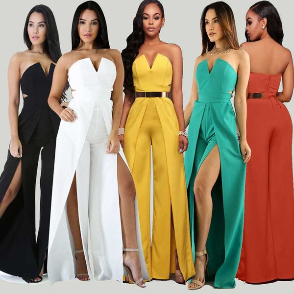 

Summer High Slit Casual Sexy Ladies Slash Neck Sleeveless Bandeau Romper Playsuit Womens Party Evening Wide Leg Jumpsuit Trouser Clubwear