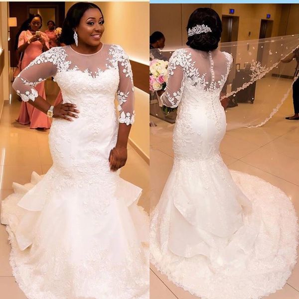 

plus size elegant wedding dress sheer jewel neck lace applique 3/4 sleeves tiered mermaid wedding gown african style bridal gown, White