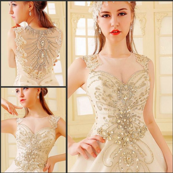 

luxury crystal bright diamond wedding dress ball gown tulle sheer neck lace court train wedding bridal gowns with big bow, White