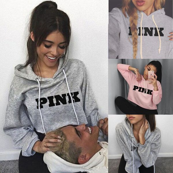 

Casual Fashion Women Hooded Sweater coat Long Sleeve letter Print Pink Jumper Cropped Top Ladies Outdoor jogging Hoodies sweatshirt