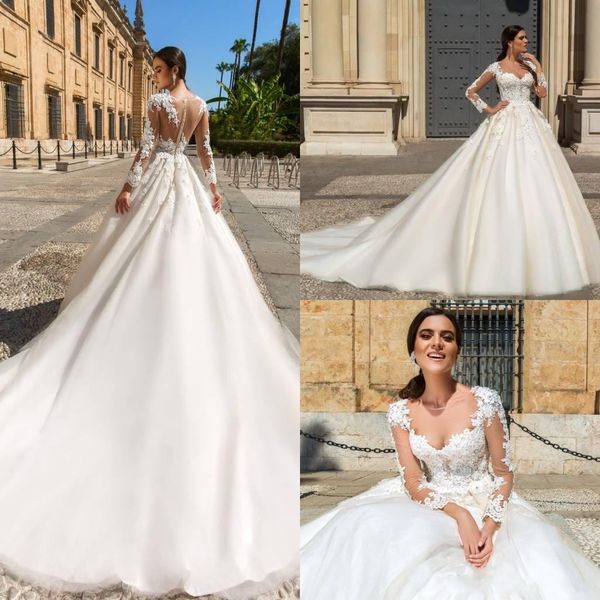 

new sheer long sleeves lace applique a line plus size wedding dresses court train bridal gowns custom made, White