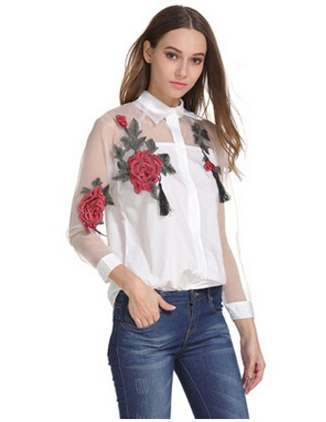 

new arrival women turn down collar euro fashion emboridery flowers organza cotton women's blouse lady elegant casual shirt & blouse, White