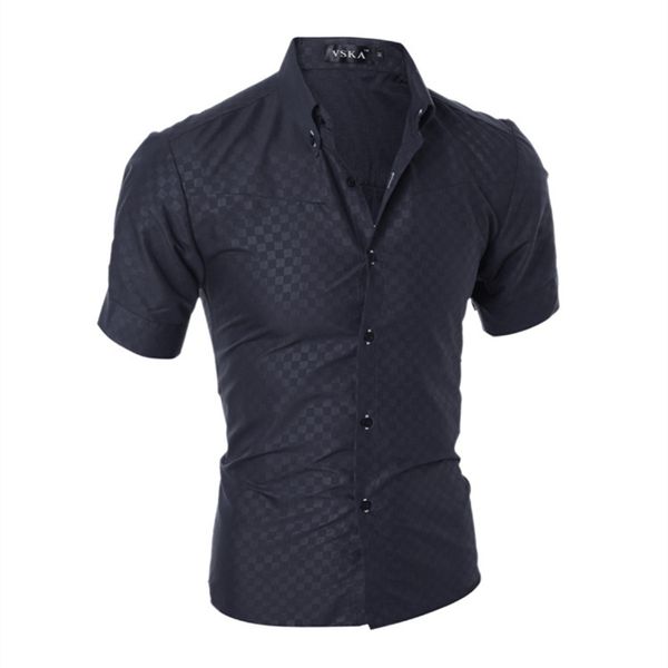 Camisa dos homens Grade de grãos escuros elegantes cultivam a moralidade de uma moralidade de manga curta Camisa Slim Fit Masculina