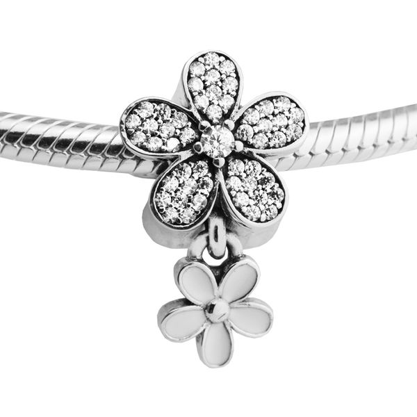 

fit pandora bracelet dazzling daisy duo white enamel & clear cz beads for woman original 925 silver jewelry making beads fashion beads