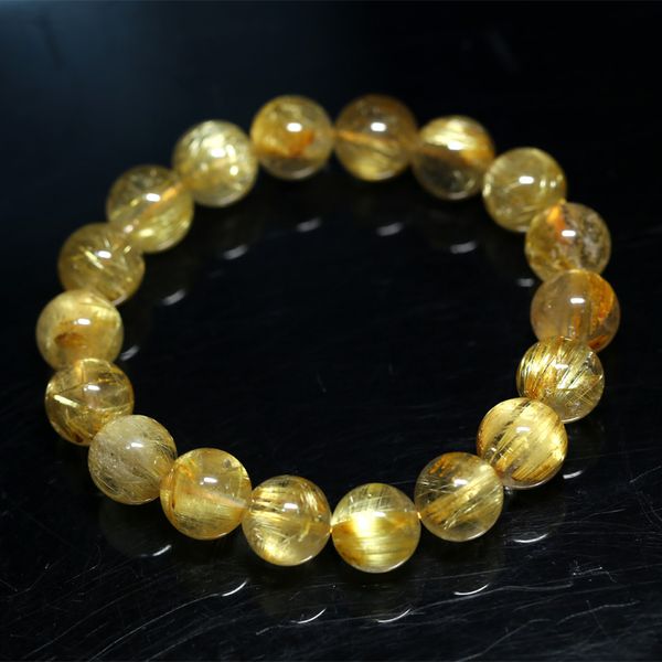 

natural genuine arrange titanium gold hair rutile quartz cat's eye stretch bracelet round beads 11mm 04279, Black