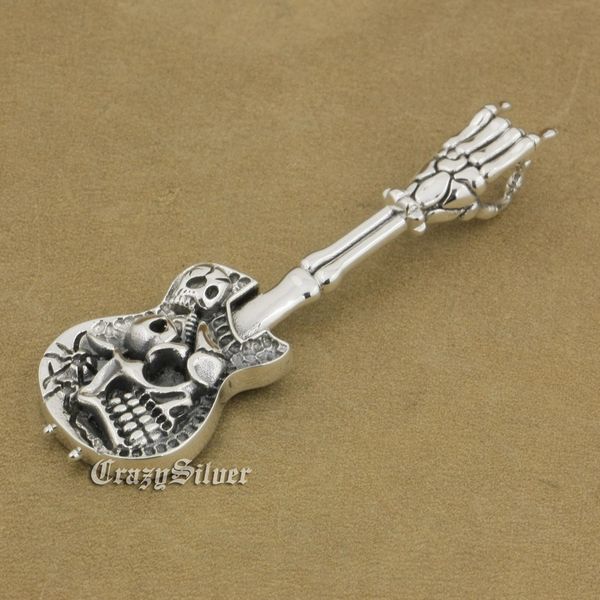 

linsion 925 sterling silver hand bone skull guitar pendant mens biker rock punk style 9m022 just pendant