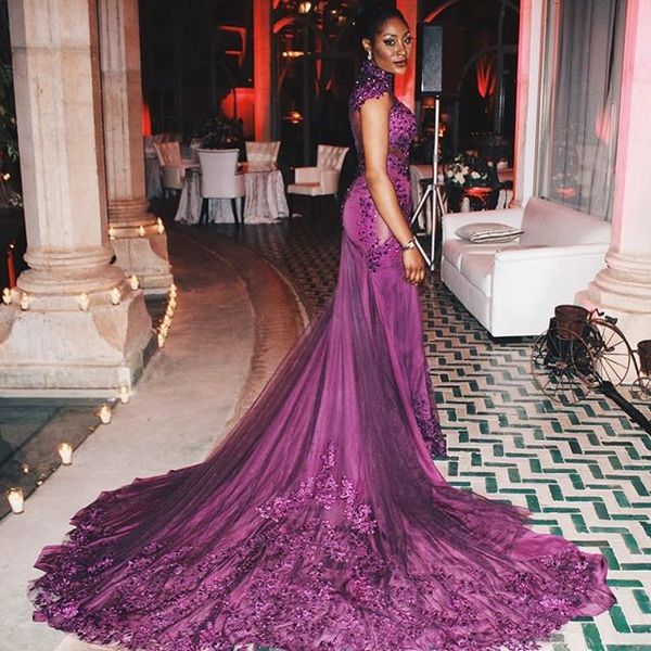 

cap sleeve high neck evening dresses 2017 court train sheer see through lace beading long purple mermaid prom dress, Black;red