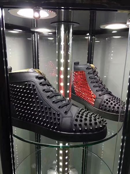 

size 35-46 genuine leather sneakers shoes with spikes women,men high red bottom shoes luxury party wedding outdoor footwear shoes, Black