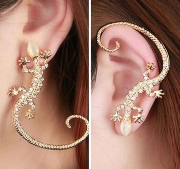 Moda Ear Cuff Rhinestone brincos orelha Cuff Luxo elegante banhado a prata de ouro exagerada gecko lagarto do parafuso prisioneiro brincos de Jóias