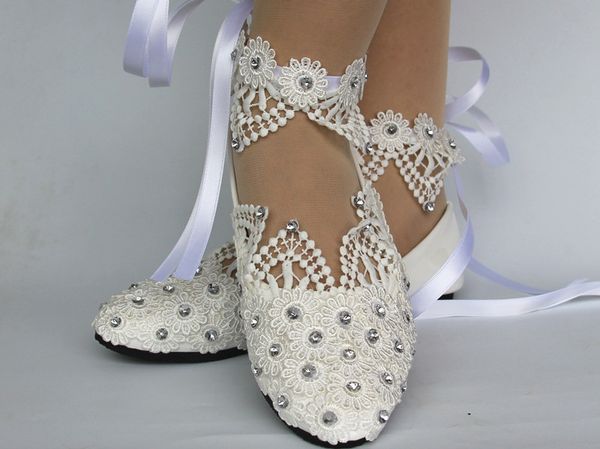New Fashion White Light Ivory Lace Crystal Flat Ballet Wedding