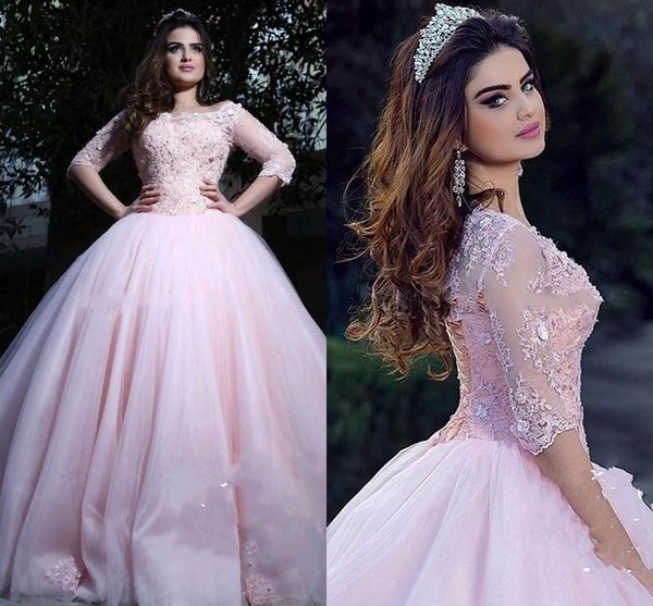 

скромный розовый бальное платье quinceanera платья бато шеи 3/4 длинными рукавами аппликации кружева тюль корсет кружева сладкий 16 платья в, Blue;red