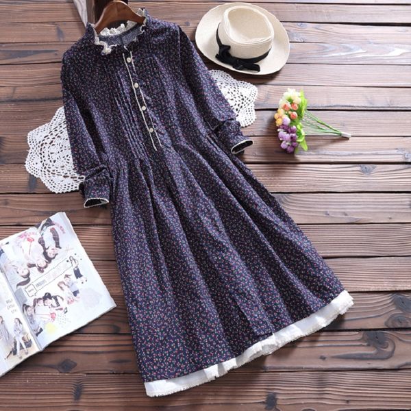

wholesale- 2017 new spring mori girl women dress ruffled collar floral print full sleeve vestidos cotton and linen casual loose dress s-xl, White;black