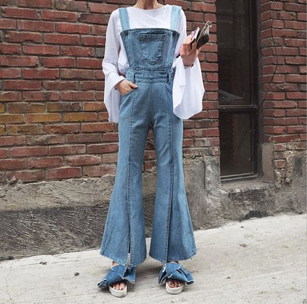

wholesale- women high waist flare jeans trouser women's bib overalls pants suspenders jeans jumpsuit wide leg side open, Blue