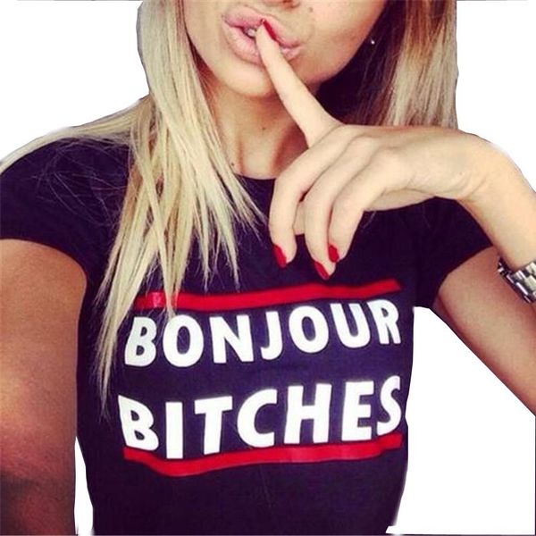 

wholesale-2016 bonjour bitches letter print t shirt o-neck casual cotton t-shirt short sleeve for women s//l ql1657, White