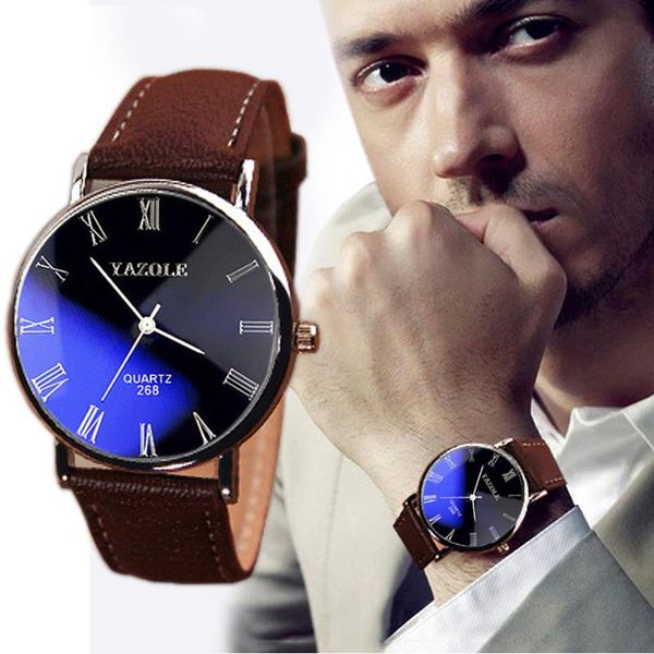 

yazole 268 brown luxury men watch fashion faux leather mens roman numerals quartz analog watch casual male business watches, Slivery;brown