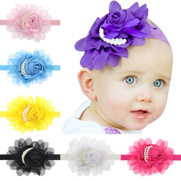 Sıcak ! Kız bebekler Çocuk Bant Güzel Güller İnciler Saç Bantları Vintage Çiçek Saç Aksesuarları Pretty şifon Bebek Headbands 13 Renk A6269