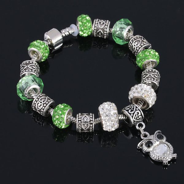 

wholesale european style crystal beads love owl pendant charm bracelet diy chain style bracelets jewelry ing, Golden;silver