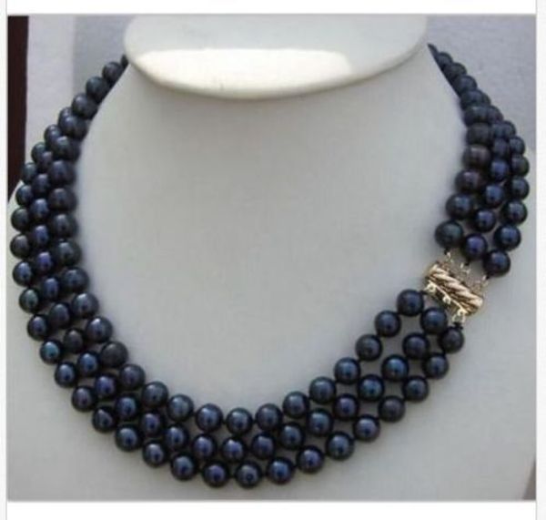 

triple strands 8-9mm tahitian black blue pearl necklace, Silver