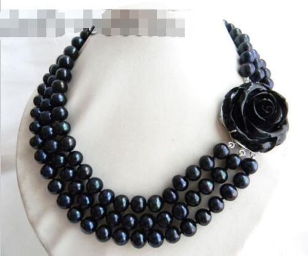 

3strands 18'' 10mm black round freshwater pearl necklace, Silver