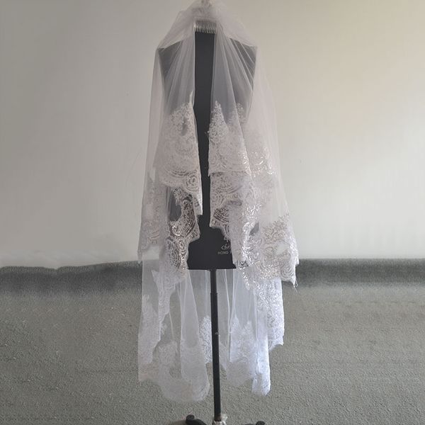 

bridal long lace cathedral wedding veils 1.5 m meter accessories white ivory voile mariage mantilla muslim vail velos de novia, Black