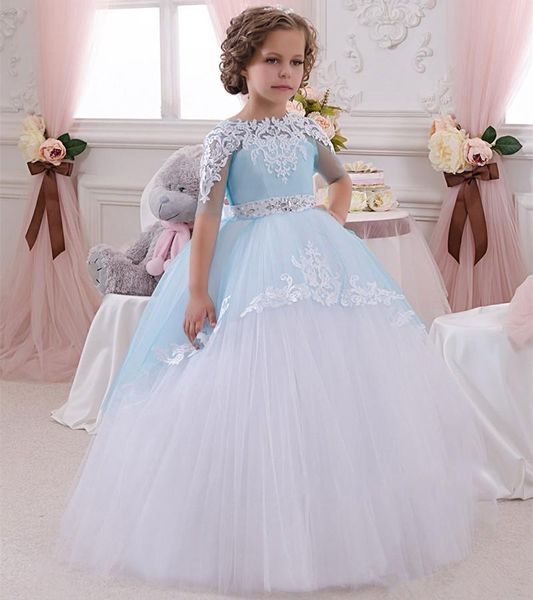 

baby blue and white princess long flower girl dresses applique bead sash ball gown tulle first communion dress girls pageant party gowns f72, White;blue