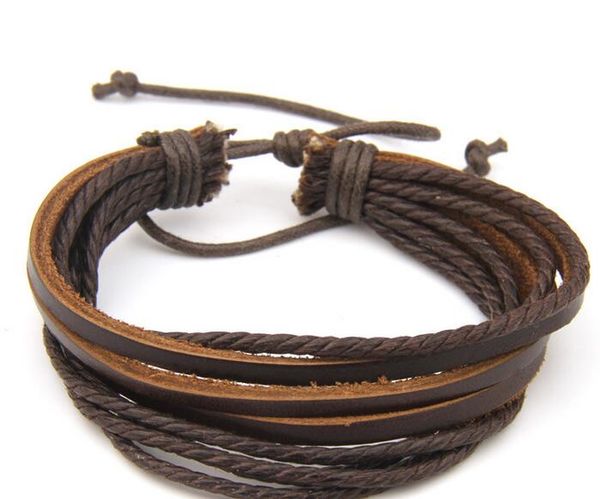 Braceletes tribais retrô pulseira de couro multicamada envoltório charme genuíno preto marrom trançou pulseiras de corda