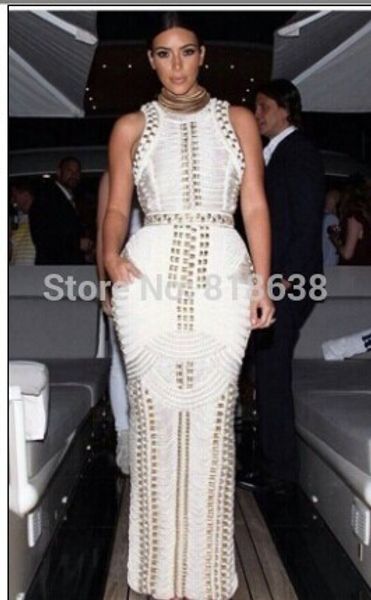 

wholesale- 2017 summer women bodycon black white sleeveless studded beaded long maxi rayon bandage dress celebrity kim kardashian, White;black