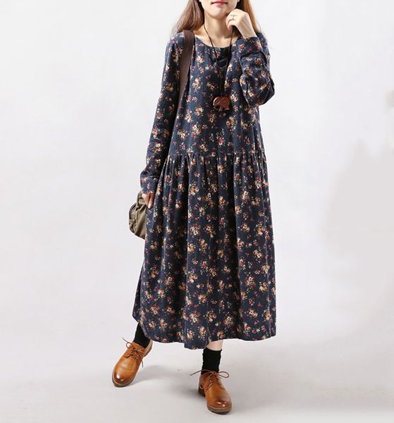 

2017 new style autumn winter women dresses vintage print casual long sleeve cotton linen maxi dress swing floral big size dress, Black;gray