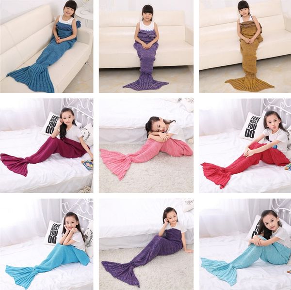 

new 13 colors 140*70cm kids handmade knitted mermaid blankets mermaid tail blanket crochet blanket throw bed wrap sleeping bag ic860