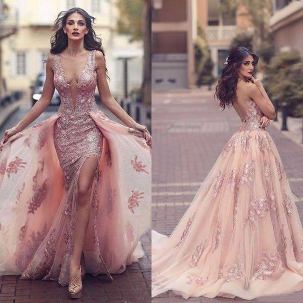 

latest 2017 blush pink sheer deep v neck side split mermaid wedding dresses with detachable tulle lace applique train bridal gown en5191, White