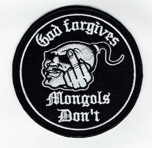 Neuer „God Forgives Mongols Don't Motorcycle Club Biker“ bestickter Aufnäher zum Aufbügeln auf Kleidung vorne, Jacke, Weste, Reiter, 8,9 cm, kostenloser Versand