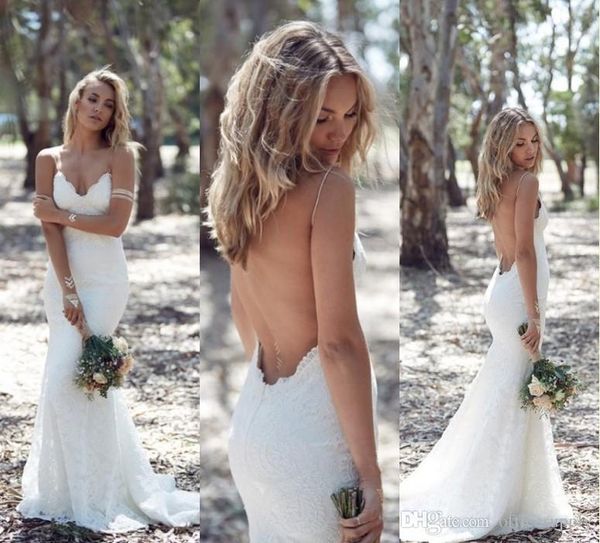 

country backless trumpet a line wedding dresses spaghetti strap full lace wedding dress mermaid sweep open back boho bridal dress, White