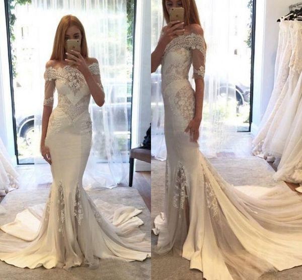 

гламурная берта паллас кутюр весенняя коллекция с плеча кружева русалка свадебные платья с половиной рукава дешевые свадебные платья, White