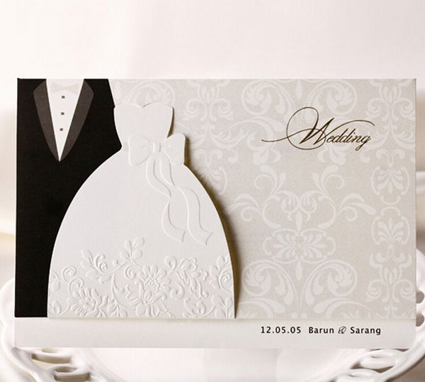 

wholesale- 50psc laser cut wedding invitations creative elegant vintage groom and bride black white formal wedding invitation card cw2011