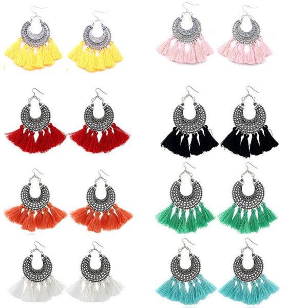 

new brand vintage tibet silver boho style woven tassel drop earrings for women multi-color long dangle earring wx