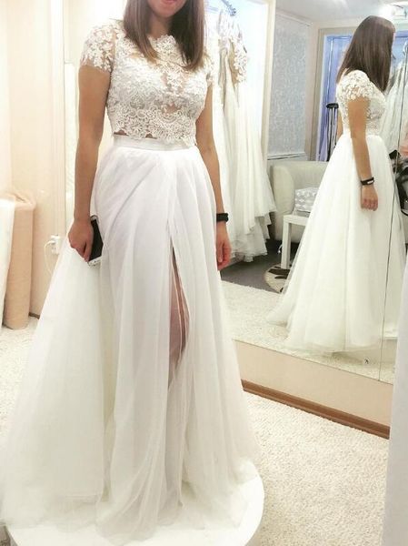 

two pieces bohemian style wedding dresses a-line front split short sleeve organza lace bridal gowns vestidos de noiva popular custom w702, White