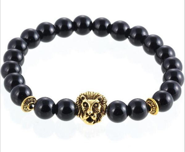 Pedra Natural Frisado, Strands Matte Obsidian Obsidian Ágate Turquesa Corda Buda Buddha Beads Leão Cabeça Elástica Pulseira Jóias Atacado